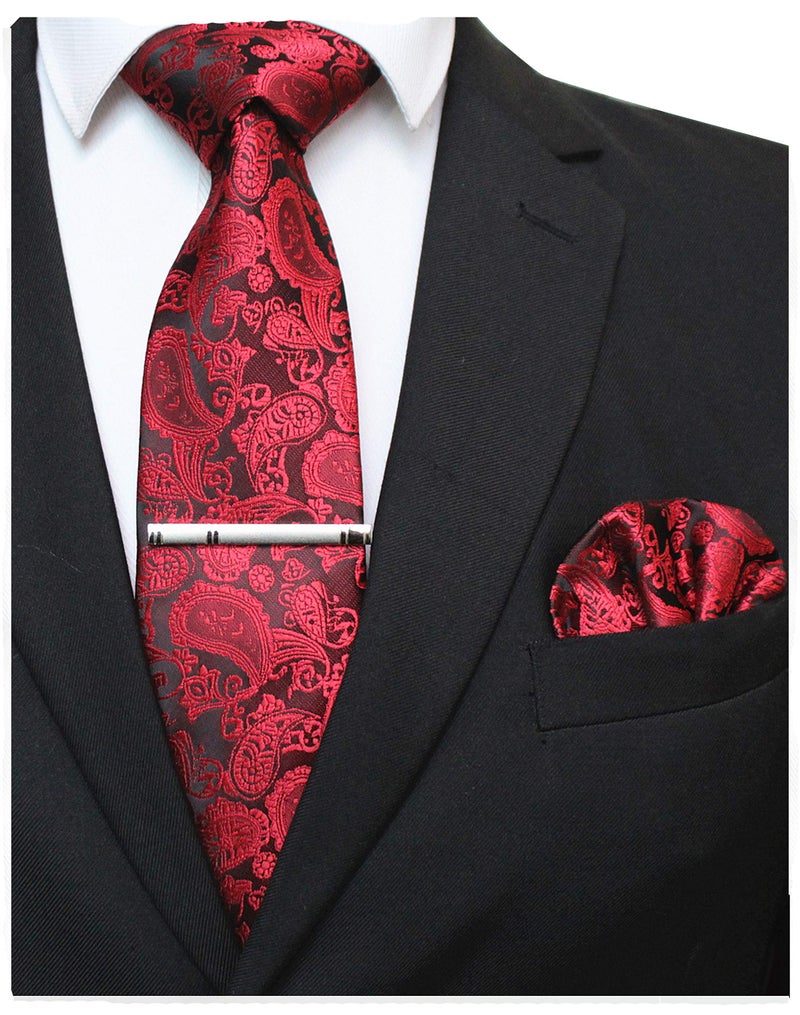 JEMYGINS Red Paisley Tie Wedding Business Silk Necktie and Pocket Square, Hankerchief with Tie Clip Sets for Men(2) - Image 3